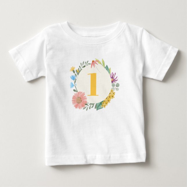 Watercolor Wildblomme Wandedräkt Första födelsedag T Shirt (Framsida)