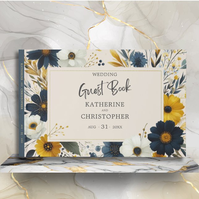 Watercolor WildblommElegant Beige Bröllop Gästböcker (Watercolor Floral Elegant Wedding Guest Book with Blue Yellow Wildflowers, Wedding Info.)