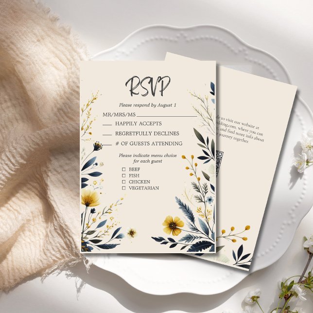 Watercolor WildblommElegant Beige Bröllop OSA Kort (Watercolor Floral Wedding RSVP Card with Menu Options, QR Code, Blue and Yellow Wildflowers.)