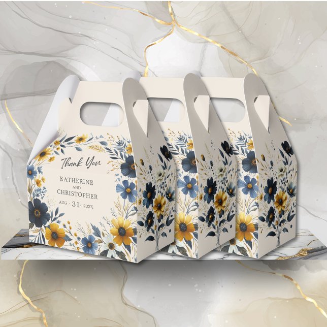 Watercolor WildblommElegant Beige Bröllop Presentaskar (Watercolor Wildflowers Elegant Wedding Thank You Favor Box with Blue and Yellow Wildflowers.)