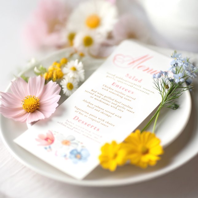 Watercolor WildblommElegant Boho Bröllop Menu Meny (Wildflower Menu Cards)
