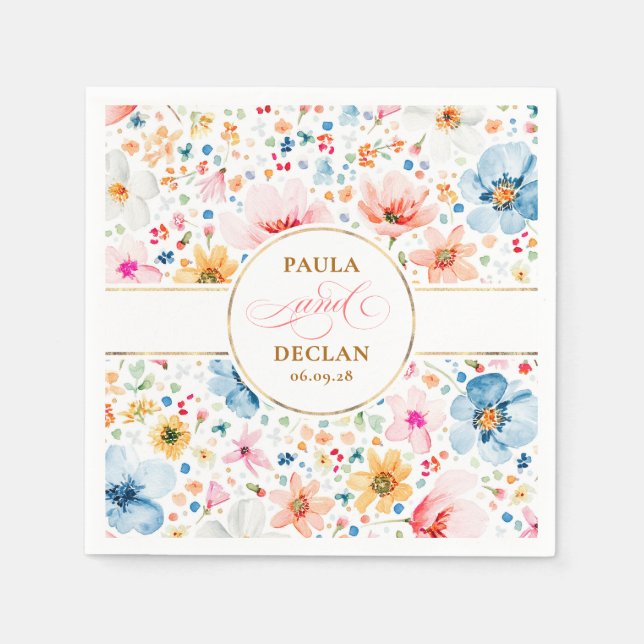 Watercolor WildblommElegant Boho Bröllop Pappersservett (Framsidan)