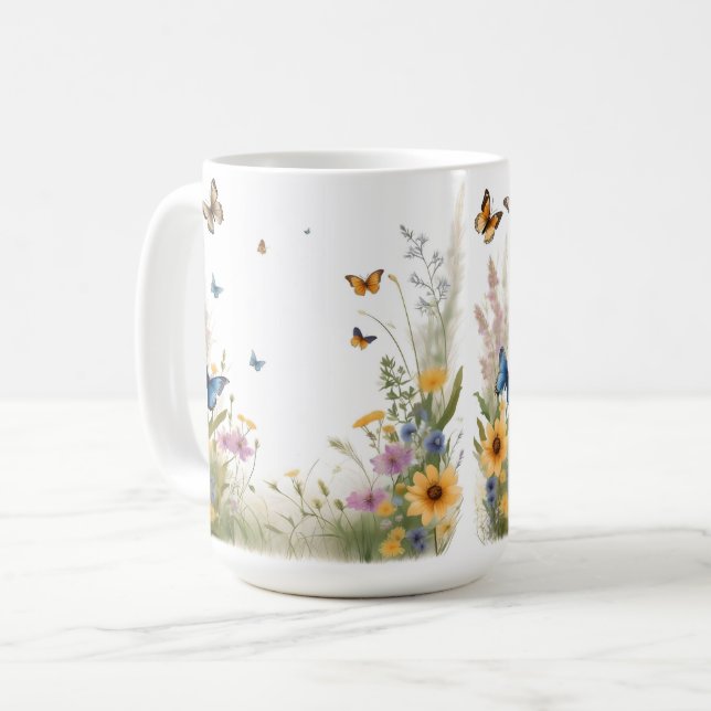 Watercolor Wildblommes Grasses and Butterflies Kaffemugg (Framsida vänster)