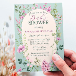 Watercolor Wildblommes Grönt Lila Baby Shower Inbjudningar
