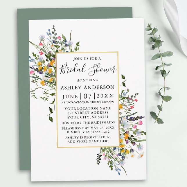 Watercolor Wildblommes Guld Sage Grönt Shower Inbjudningar (Customize to change color of back of card.)