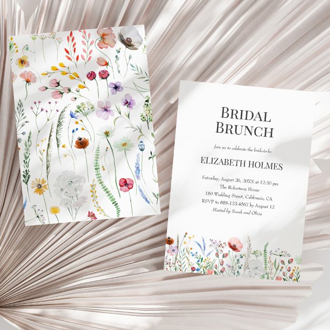 Watercolor Wildblommes Möhippa Brunch-inbjudan Inbjudningar (Watercolor Wildflowers Bridal Brunch Invitation on a sunny neutral dry palm leaf.)