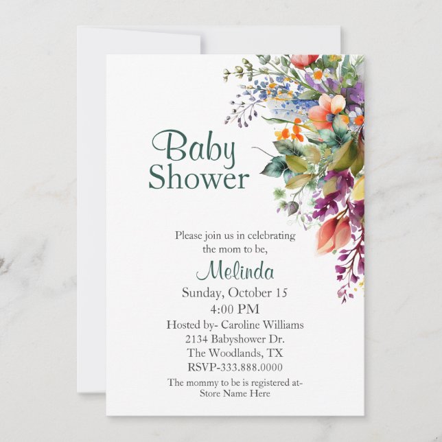 Watercolor Wildblommes Neutralt Baby Shower Inbjudningar (Framsida)