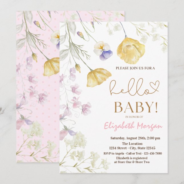 Watercolor Wildblommes Rosa Dots Baby Shower Inbjudningar (Fram/baksida)