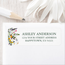Watercolor Wildblommes Sage Grönt Returadress Etikett