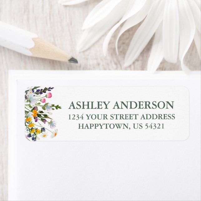 Watercolor Wildblommes Sage Grönt Returadress Etikett (Insitu)