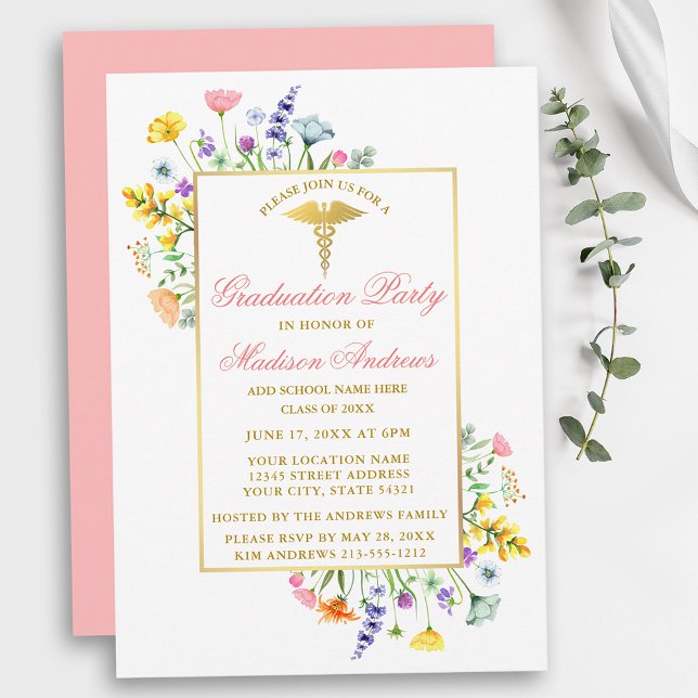 Watercolor WildblommGuld Rosa Nurse Studenten Inbjudningar (Customize to change text size, color, text style or to change color of back of card.)