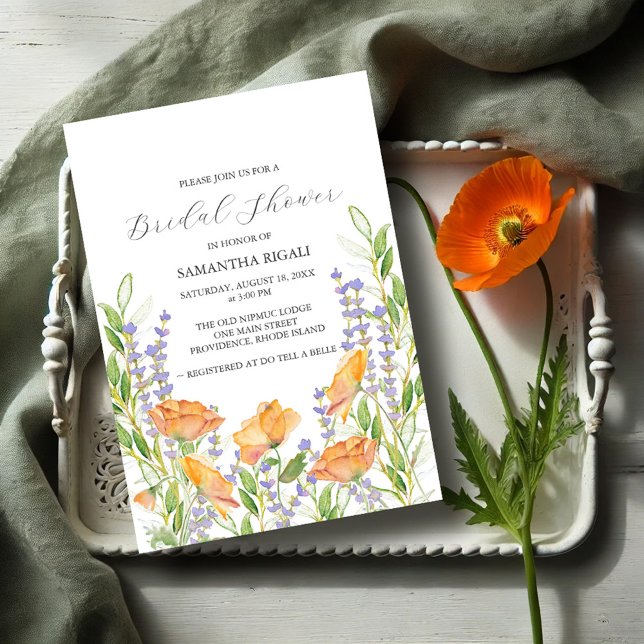 Watercolor WildblommInbjudningskort för möhippa (Garden bridal shower invitations watercolor orange poppy flowers & botanicals Victoria Grigaliunas)