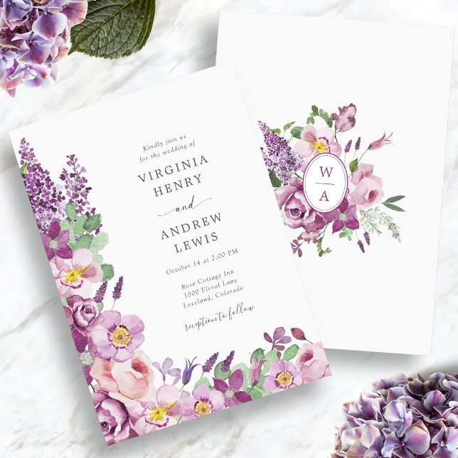 Watercolor WildblommLila Bröllop Inbjudningar (Watercolor Wildflower Purple Wedding Invitation
)