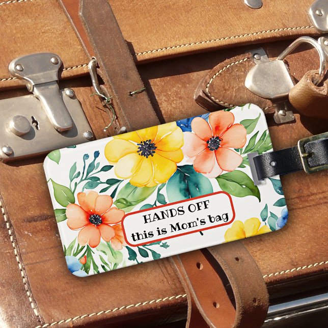 Watercolor Wildblommmamma Bagagebricka (Luggage tag featuring watercolor wildflowers - great as a gift for Mom or Grandma)