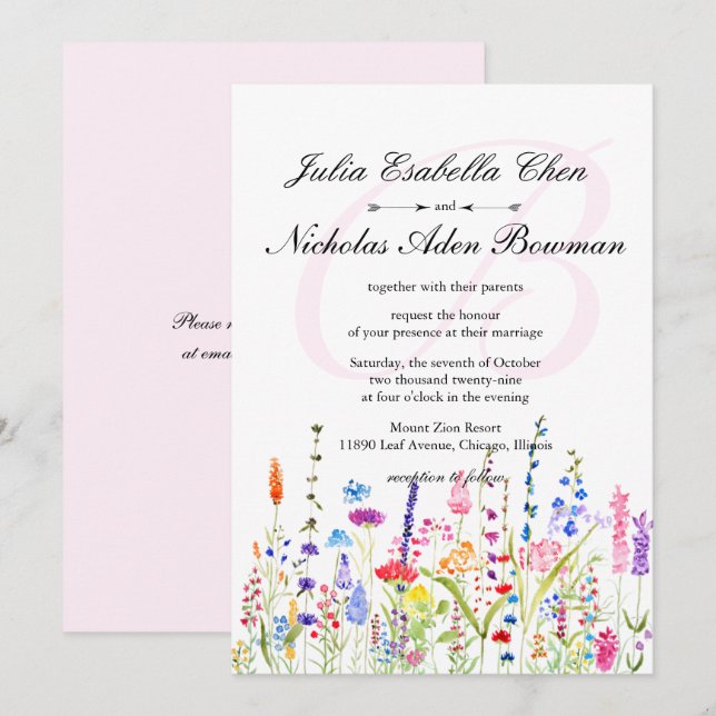 Watercolor WildblommMonogram Vår bröllop Inbjudningar (Fram/baksida)