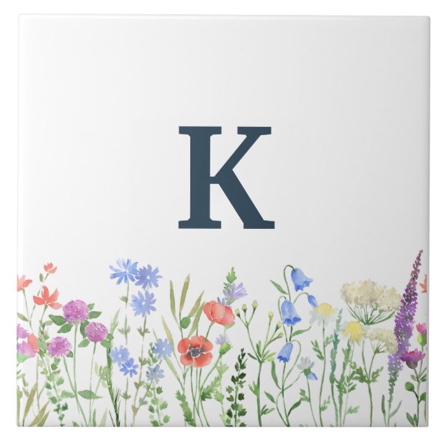Watercolor Wildblommonogram Kakelplatta (Framsidan)