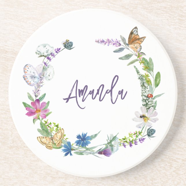 Watercolor Wildblommonogram Underlägg (Framsidan)