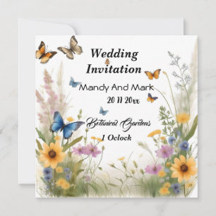 Watercolor Wildblommor and Butterflies, Bröllop Inbjudningar
