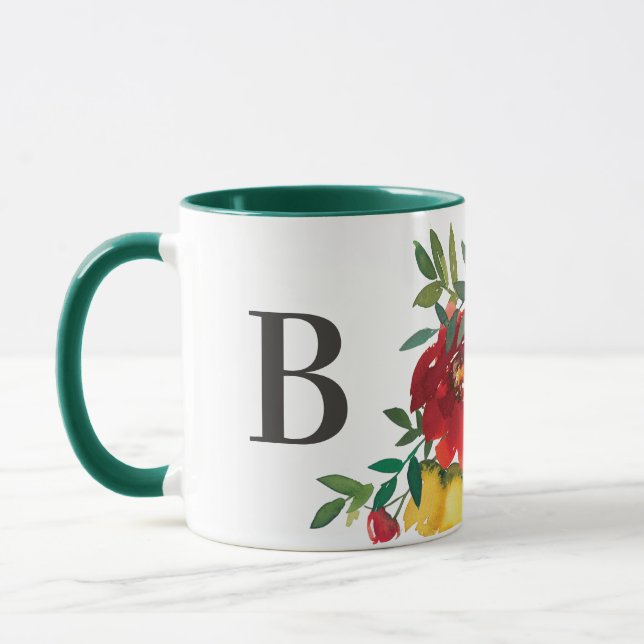 Watercolor Wildblommor Blommigt Monogram Two Tone Mugg (Vänster)