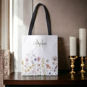 Watercolor Wildblommor Boho-Snyggt med Monogram Tygkasse