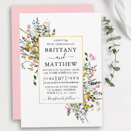 Watercolor Wildblommor Bröllop Guld Rosa  Inbjudningar