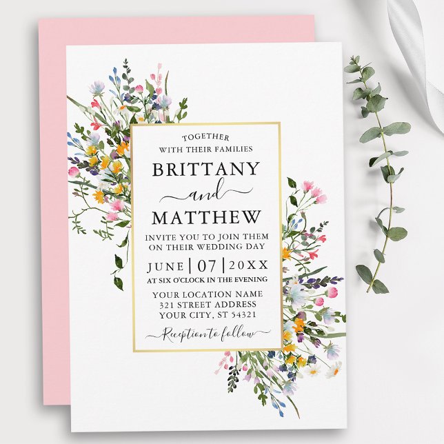 Watercolor Wildblommor Bröllop Guld Rosa  Inbjudningar (Customize to change text color, style, add text & photos to back or change color of back of card.)