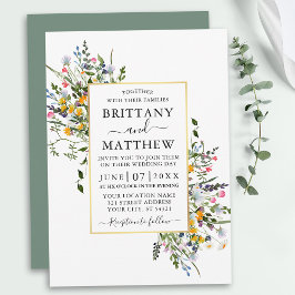 Watercolor Wildblommor Bröllop Guld Sage Grönt Inbjudningar