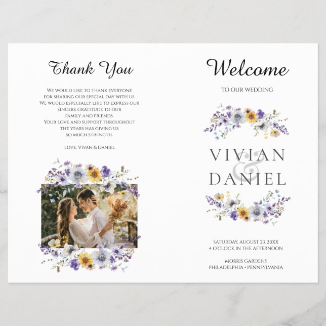 Watercolor Wildblommor Bröllopsprogram Bok (Framsidan)