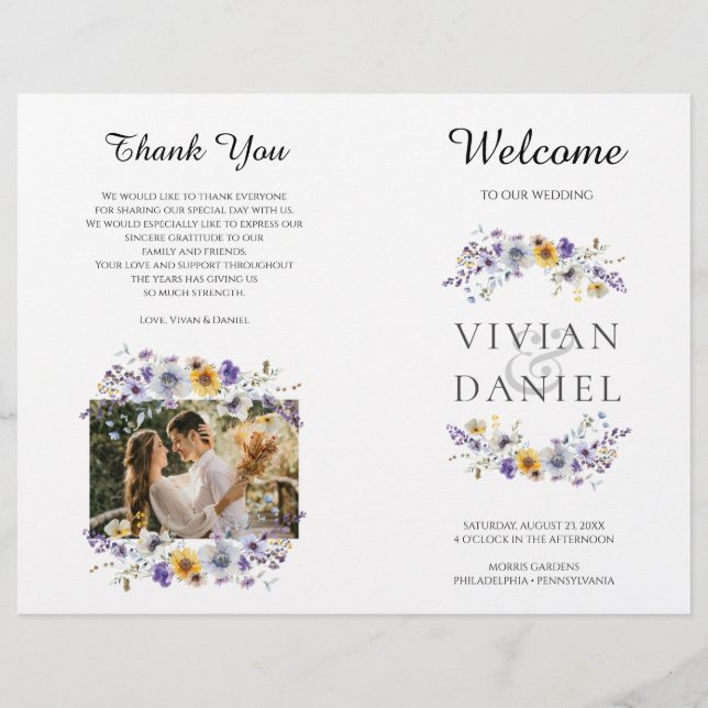 Watercolor Wildblommor Bröllopsprogram Bok (Framsidan)