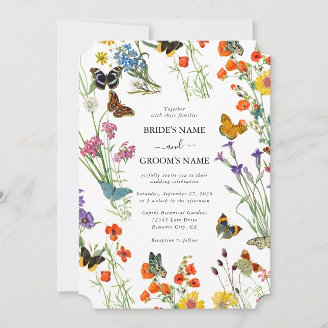 Watercolor Wildblommor Butterflies Blommigt Bröllo Inbjudningar (Framsida)