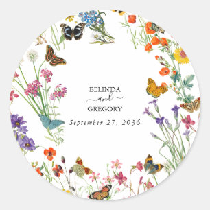 Watercolor Wildblommor Butterflies Blommigt Bröllo Runt Klistermärke