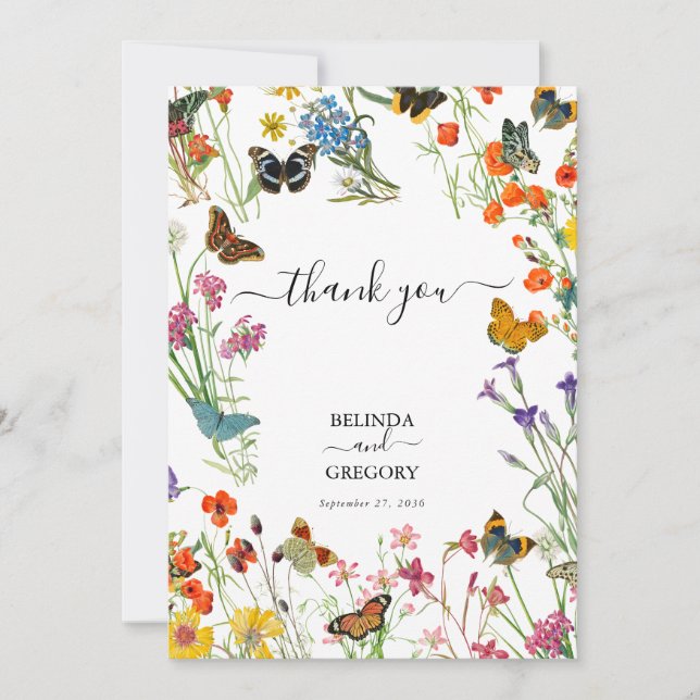 Watercolor Wildblommor Butterflies Blommigt Bröllo Tack Kort (Framsida)