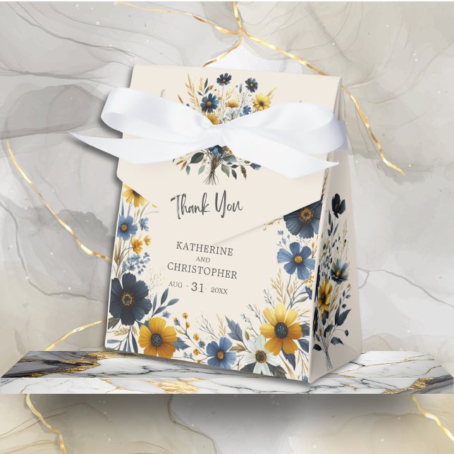 Watercolor Wildblommor Elegant bröllop Tack Presentaskar (Watercolor Wildflowers Elegant Wedding Favor Bow Box with Blue and Yellow Wildflowers, Couples Names)