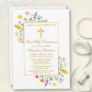 Watercolor Wildblommor First Communion Guld Inbjudningar