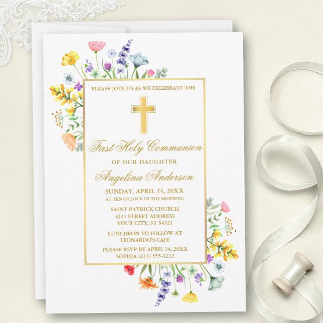 Watercolor Wildblommor First Communion Guld Inbjudningar (Customize to change text color, size, style or to add photos or more text to back of card.)