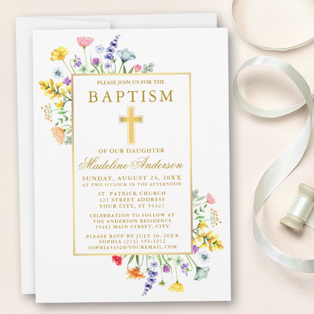 Watercolor Wildblommor Guld Baptism Inbjudningar (Customize to change text color, style, size or to add text to back of card.)