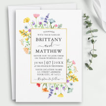 Watercolor Wildblommor Guld Ram Bröllop