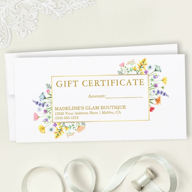 Watercolor Wildblommor Guld Ram Gift Certificate (Customize to change text size, style, color or to add text to back of certificate.)
