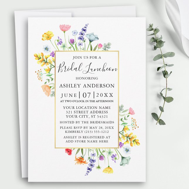 Watercolor Wildblommor Guld Ram Möhippa Luncheon Inbjudningar (Customize to change text size, color, style or add more text to back of card.)