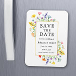 Watercolor Wildblommor Guld Ram Spara datum Magnet<br><div class="desc">I den moderna Watercolor Wildblomman Bröllop Bröllop Förlovning Announcement Spara datum magneter ingår ömtålig gult,  rosa,  persikor,  dammblått,  sage grönt,  lila,  rödblommor och orange vild blommor,  vallmo,  eukalyptus löv och andra vackra botaniska grejer på guld ram.</div>