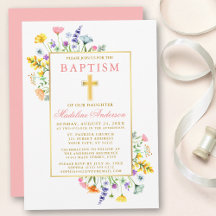 Watercolor Wildblommor Guld Rosa Baptism
