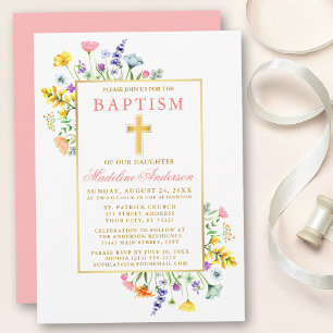 Watercolor Wildblommor Guld Rosa Baptism Inbjudningar