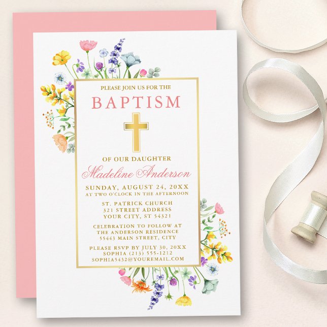 Watercolor Wildblommor Guld Rosa Baptism Inbjudningar (Customize to change text color, text style or color of back of card.)