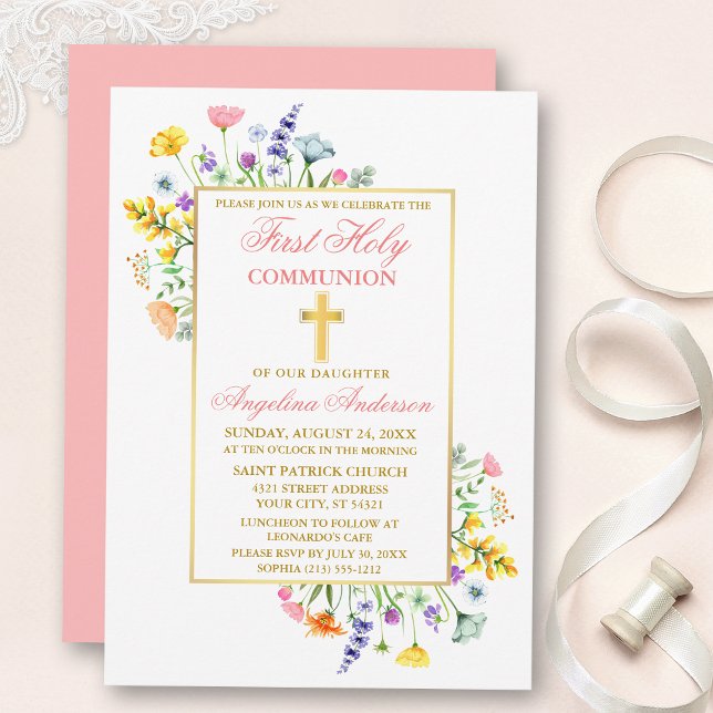 Watercolor Wildblommor Guld Rosa First Communion Inbjudningar (Customize to change text color, text style or color of back of card.)