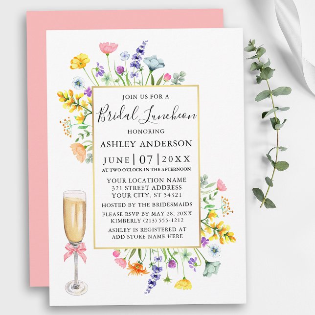 Watercolor Wildblommor Guld Rosa Möhippa Luncheon Inbjudningar (Customize to change text color, text style or color of back of card.)
