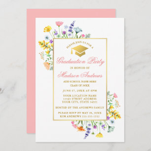 Watercolor Wildblommor Guld Rosa Studentfest Inbjudningar