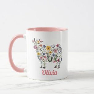 Watercolor Wildblommor i form av en Cute Cow Mugg