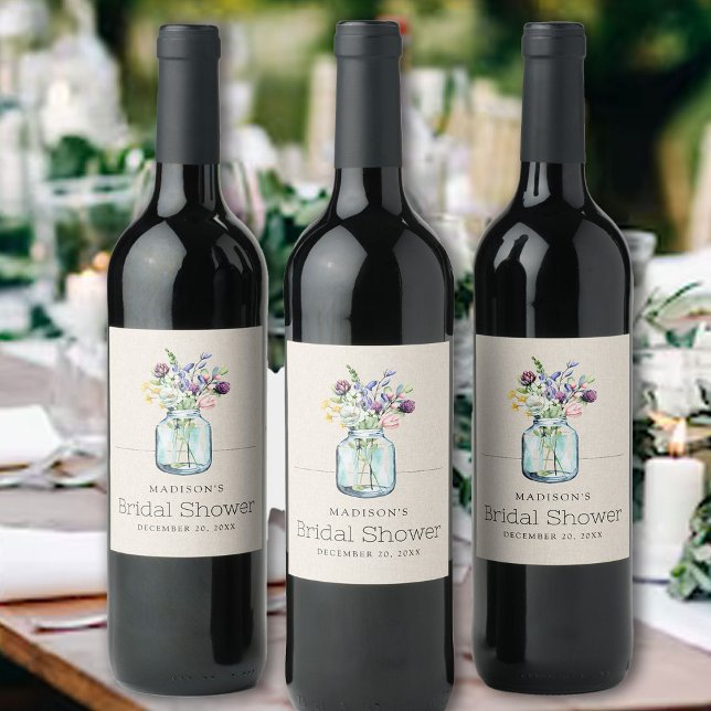 Watercolor Wildblommor Linen Boho Möhippa Vinflaska Etikett (Skapare uppladdad)