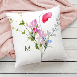 Watercolor Wildblommor med Monogram Kudde
