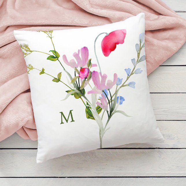 Watercolor Wildblommor med Monogram Kudde (Skapare uppladdad)